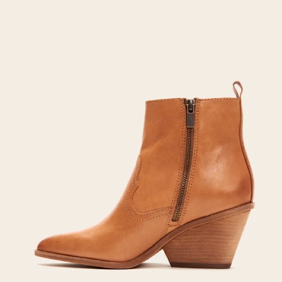 Frye Amado Wedge Cognac Leather Pointy Toe Cowboy Pull On Wood Heeled Ankle Boot - Picture 6 of 16